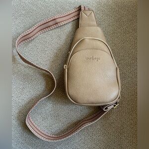NWOT Lovebags Taupe Sling Crossbody Bag with Patterned Strap Small Tan